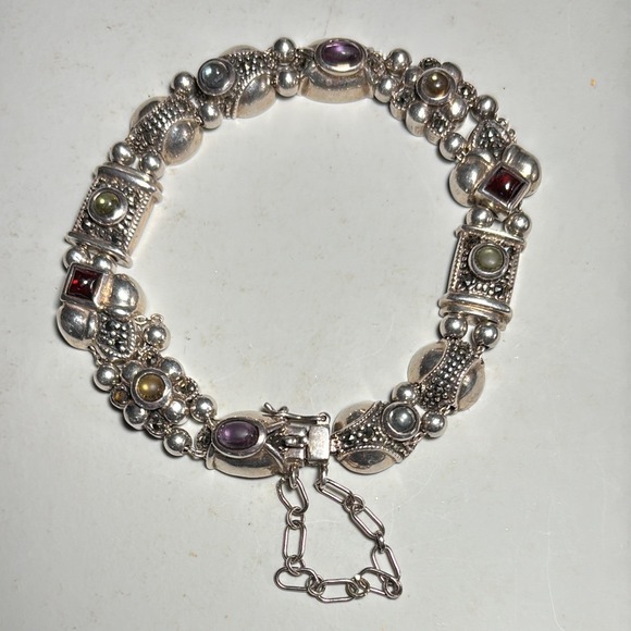 Jewelry - Vintage Sterling Silver Multi Gemstone Marcasite Ornate Link Bracelet 925‎